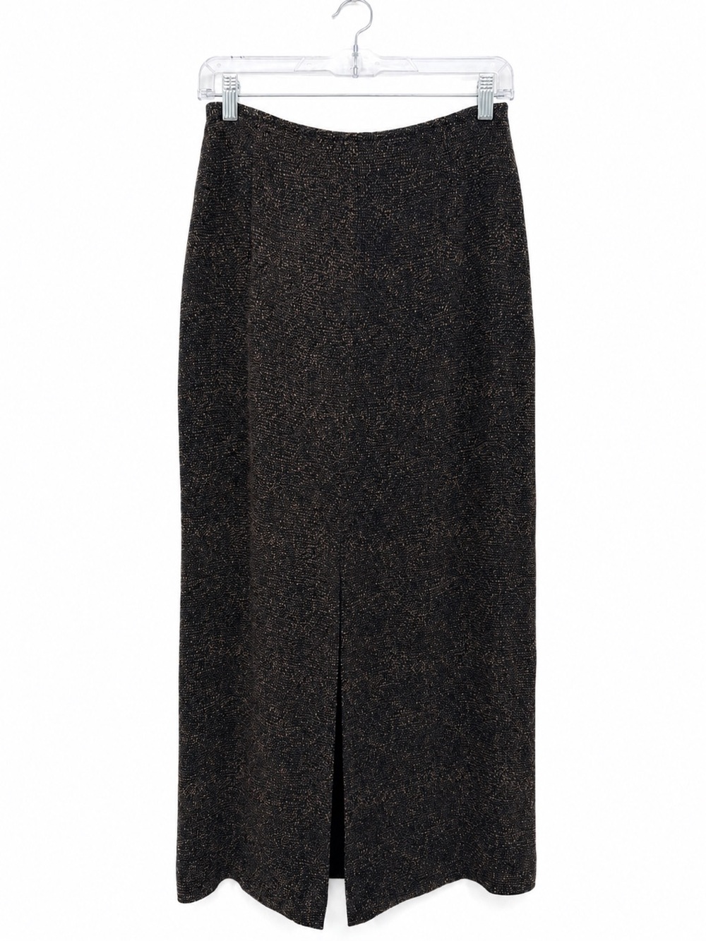 Finity Black Silk Patterned Midi Skirt Slit Size 6 Formal Long